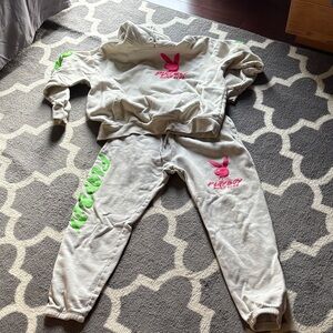PLAYBOY Gray Sweatpants & Hoodie Set with Pink and Green Accents